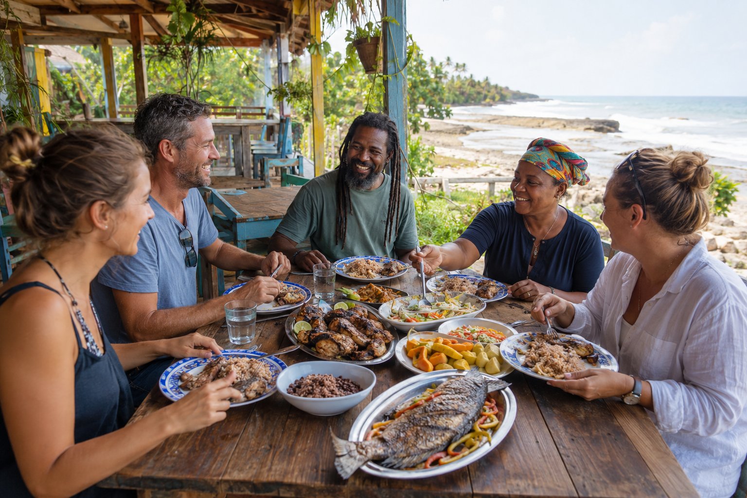 Travelers sharing Jamaican food with local hosts